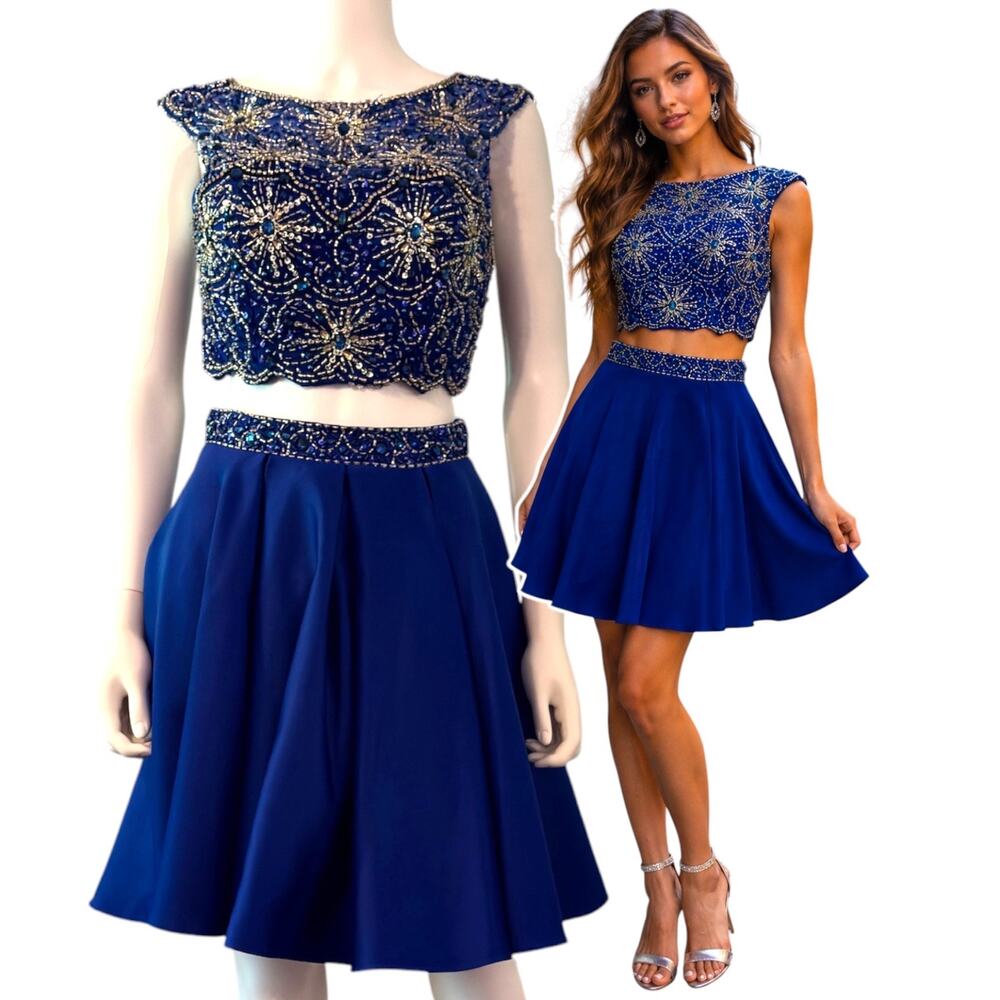 Let’s Royal Blue Beaded 2 Piece Crop Top Skirt Set Small Beaded Formal Pageant